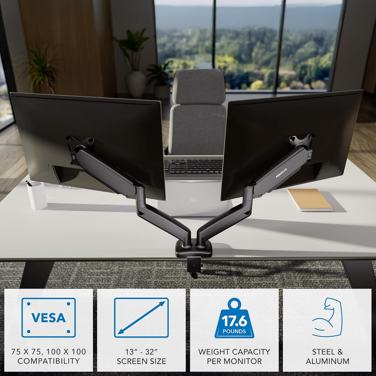 mount-it! dual monitor desk mount, 13-32", 17.6 lbs, close-up detail