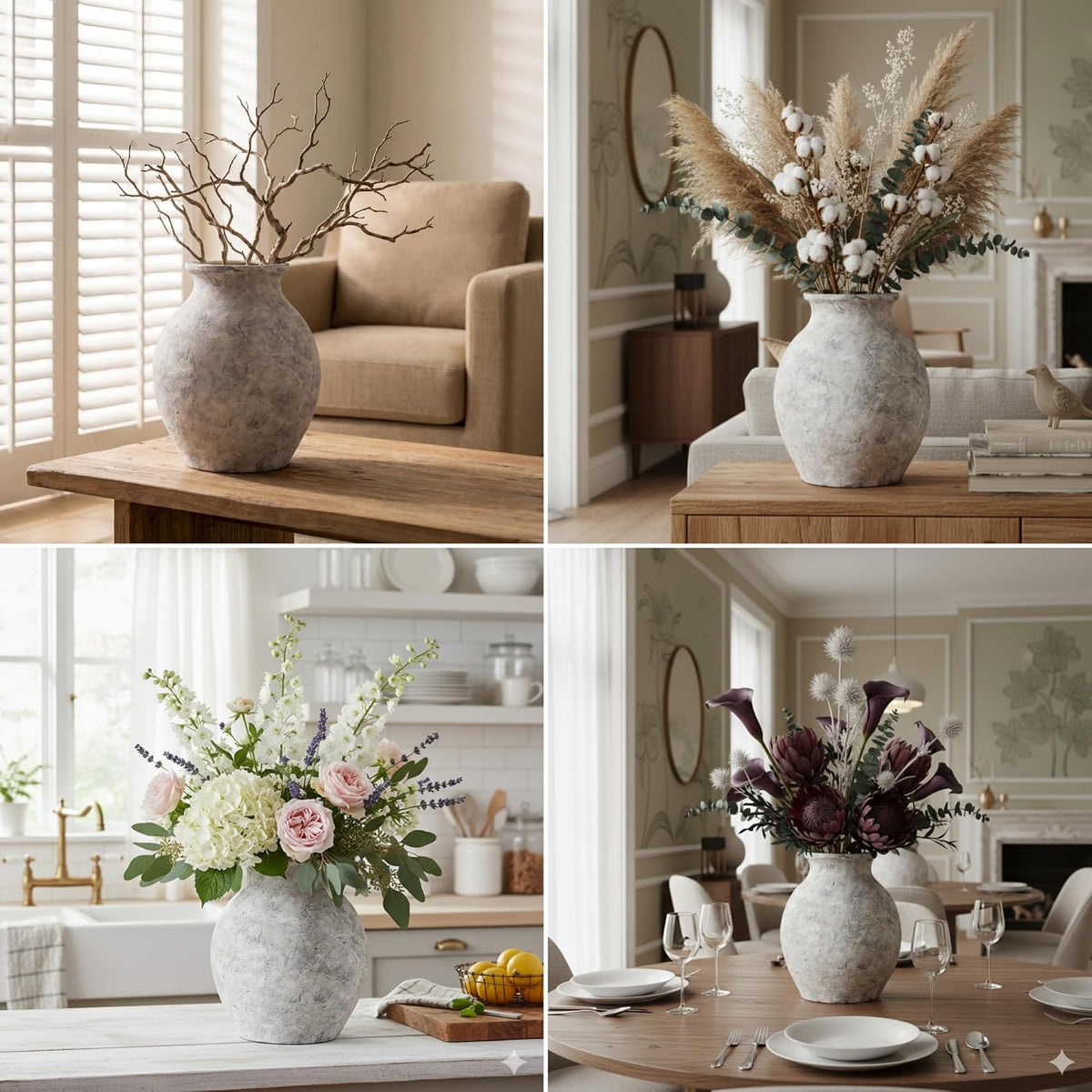 Lvases 10in XL White Ceramic Vase, Aged Stone Cement Mediterranean Vase