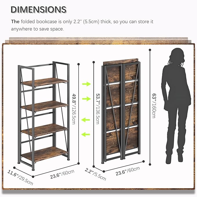 4NM No Assembly Folding Bookshelf Storage Shelves 4 Tiers Vintage Bookcase - Image 3