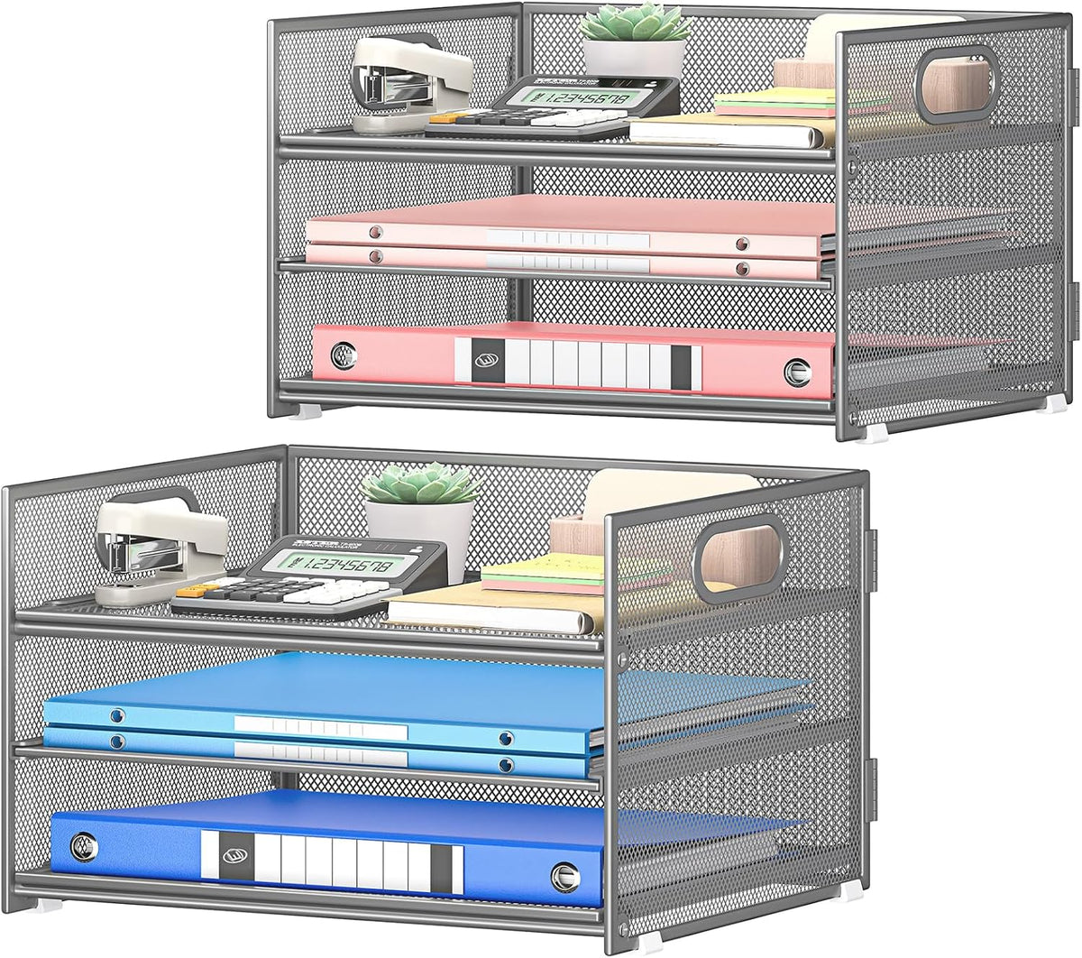Subekyu 2-Pack 3-Tier Gray Metal Mesh Desk Paper Letter Tray & File Sorter