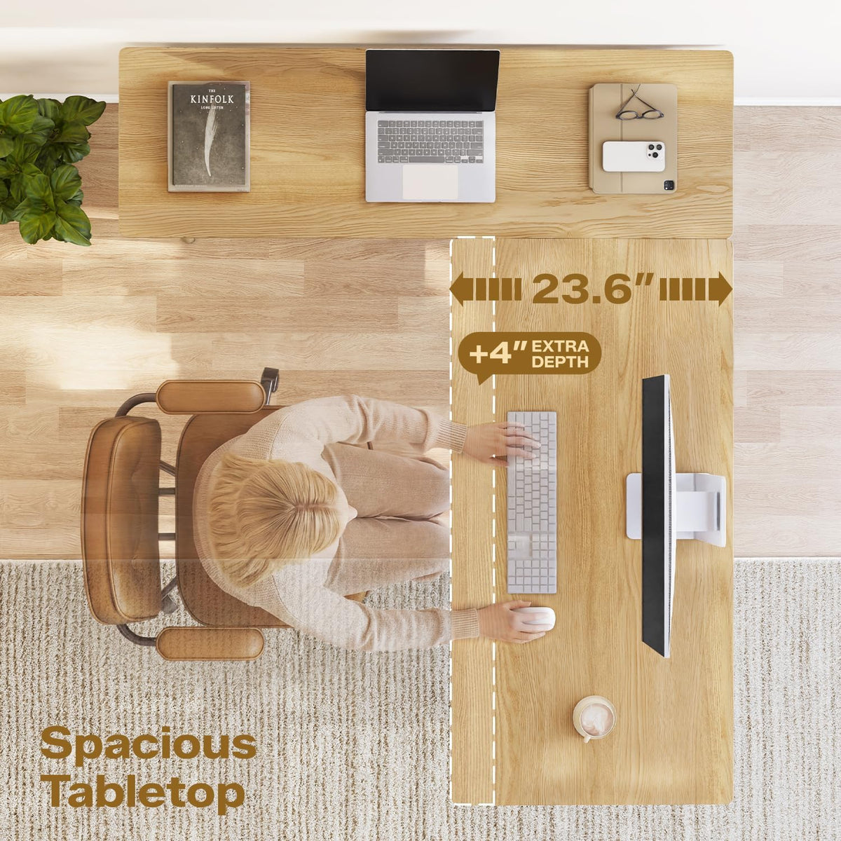NELYE 63" Reversible L Shaped Desk with Shelf for Home Office, Oak