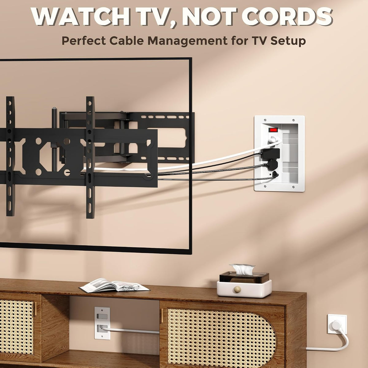 In Wall Cable Management Kit with Recessed Outlet Box, 4 Outlets, 9.8FT Cord,...