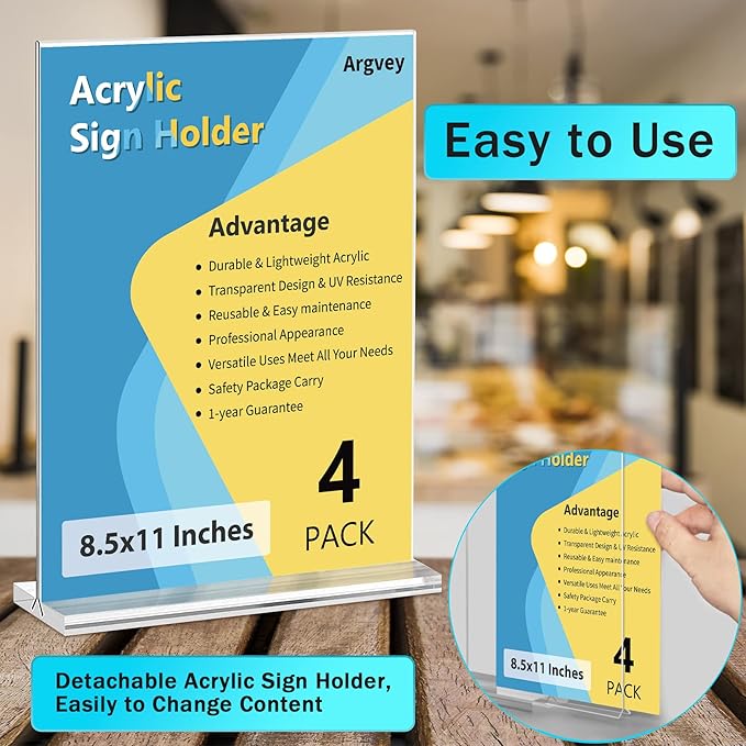4-Pack Acrylic Sign Holder, 8.5 x 11 Inch Vertical T Shape Table Display Stand - Image 3