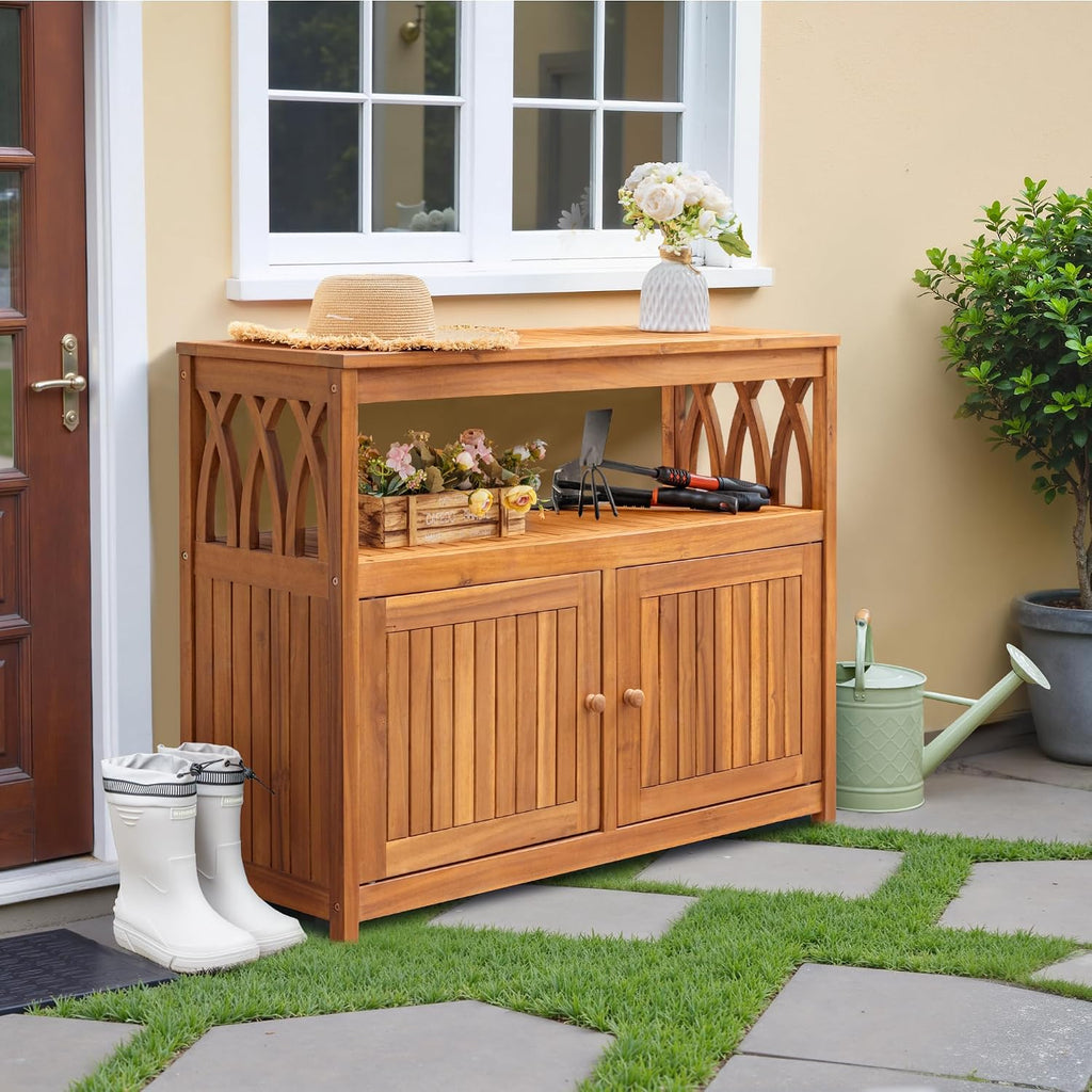devoko acacia wood outdoor storage cabinet,waterproof potting table showing dimensions