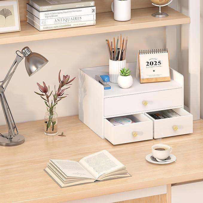 Bamboo Desk Organizer with Drawers Wooden Desktop Storage Drawers - Image 5