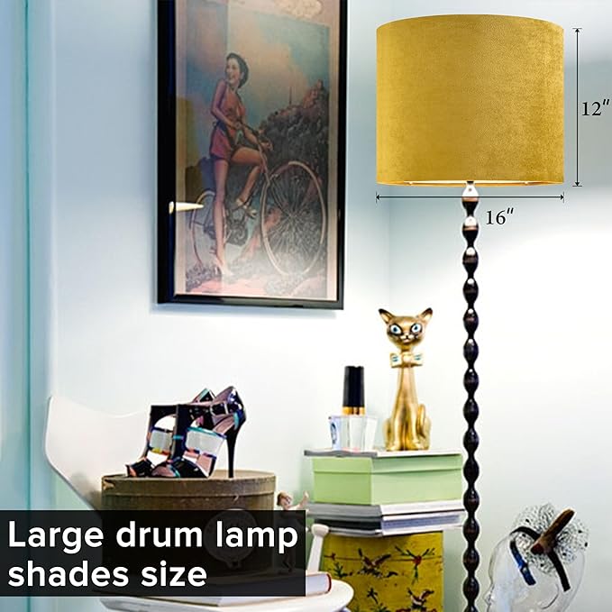GO&SO Set of 2 Large Drum Yellow Velvet Lamp Shade -16" Top x 16" Bottom x 12" - Image 4