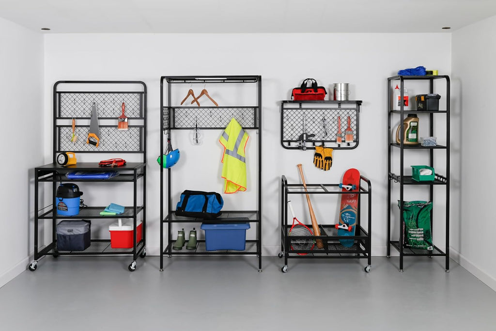 honey-can-do garage entryway storage unit with light, hooks, side view