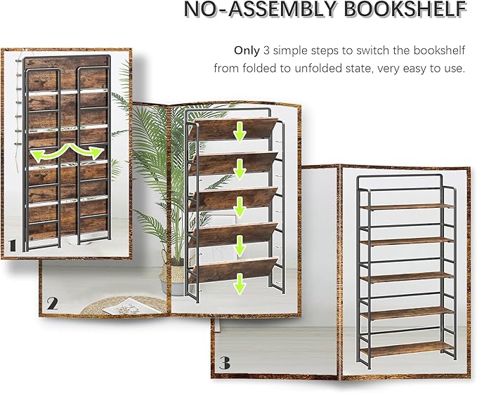 4NM No Assembly Extra Wide 5 Tiers Folding Bookshelf Storage Shelves Vintage - Image 6