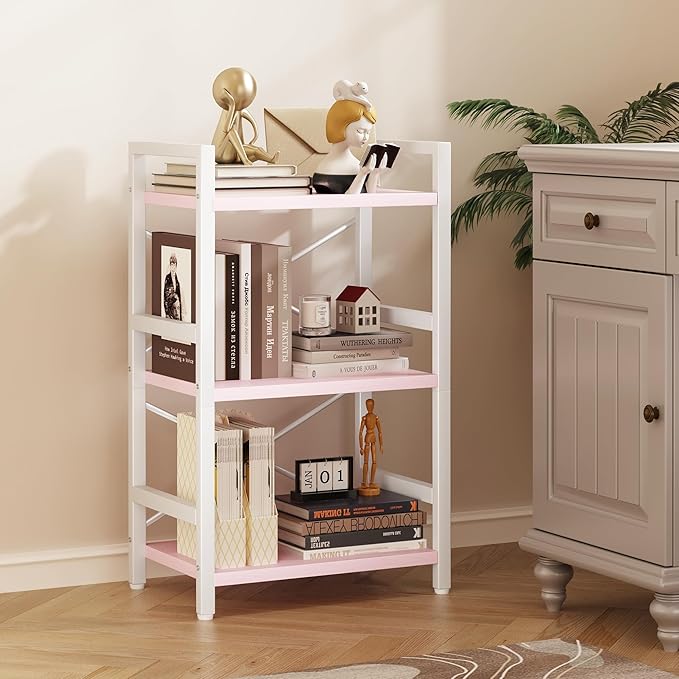 Homeiju Pink Bookshelf, 3 Tier Industrial Bookcase, Metal Small Bookcase - Image 2