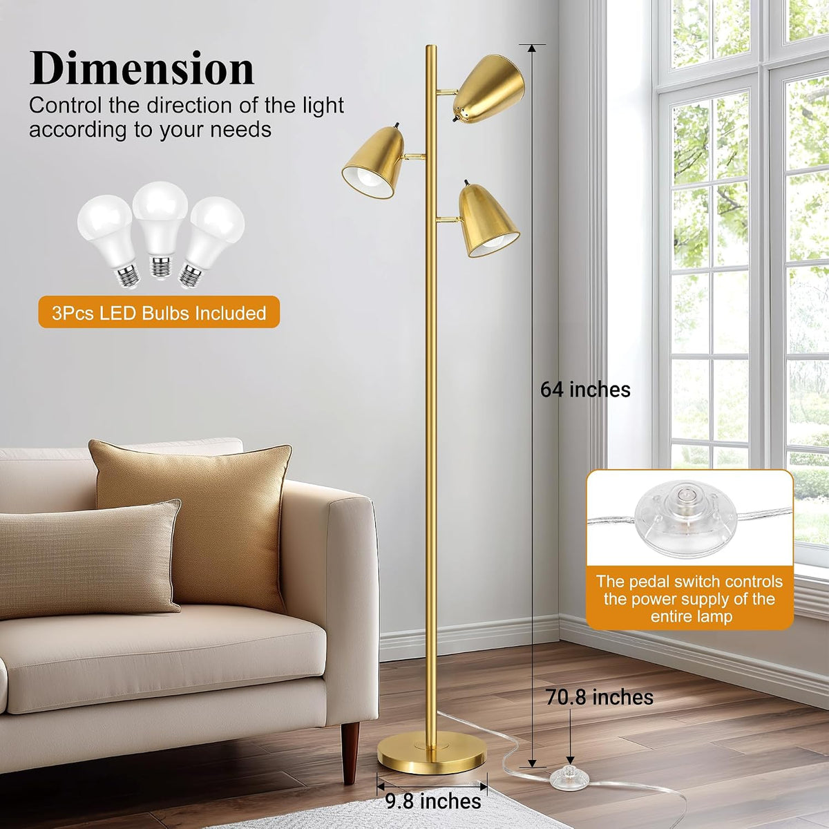 QiMH Tree Floor Lamp with 3 Light Bulbs, Standing Tall Pole Lamps for Living ...