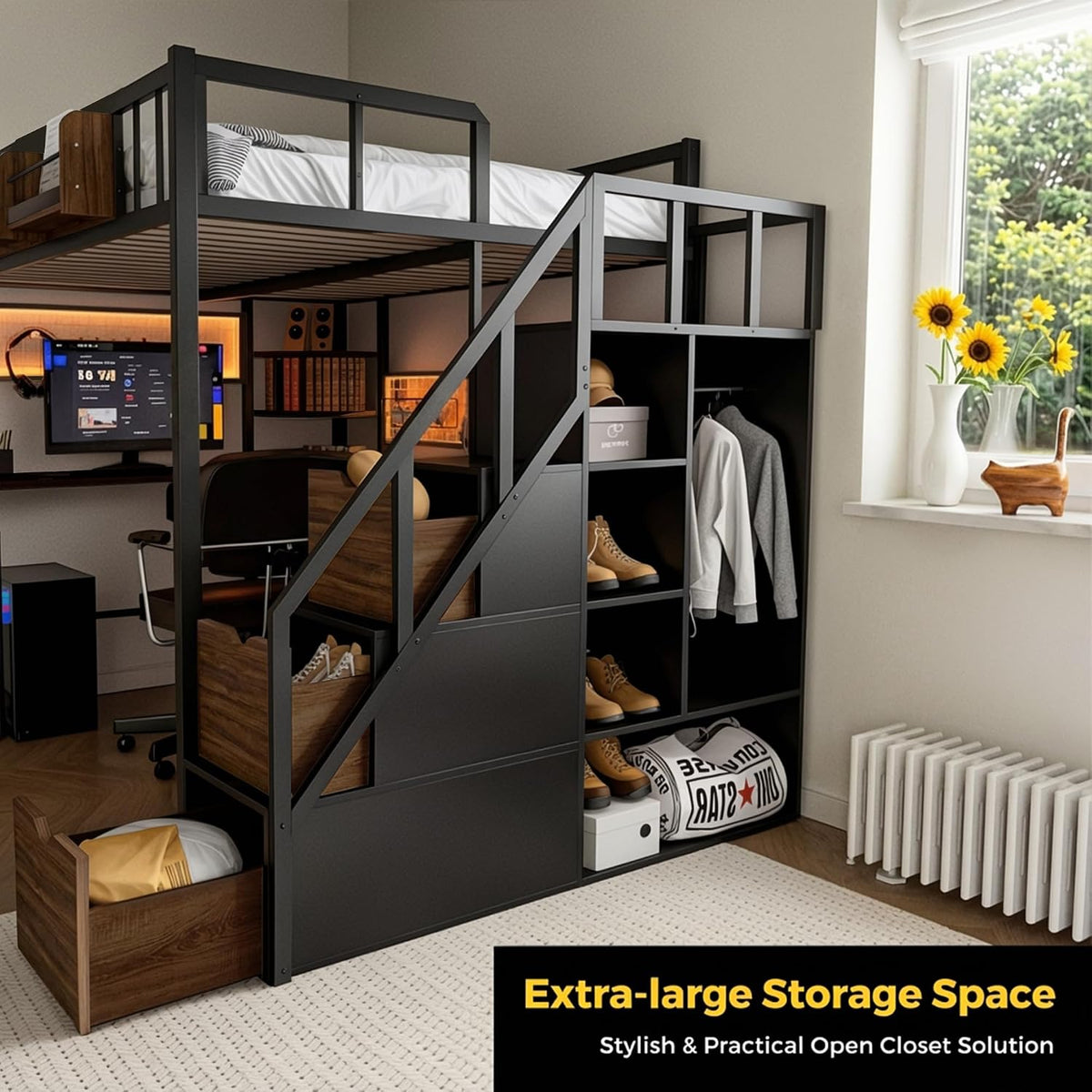 Kikihouse Loft Bed with Desk and Stairs, Headboard, Outlet (Black, Full)
