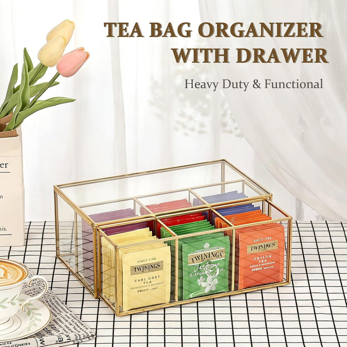 Glass Tea Bag Organizer with Drawer, Clear Teabag Holder Counter