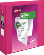 Avery Durable View 3 Ring Binder, 2" Slant Rings, 1 Pink Binder | For Daily School, Home and Office Use, DuraHinge Tear-Resistant Spine, DuraEdge Split-Resistant Edges, Clear View Overlays