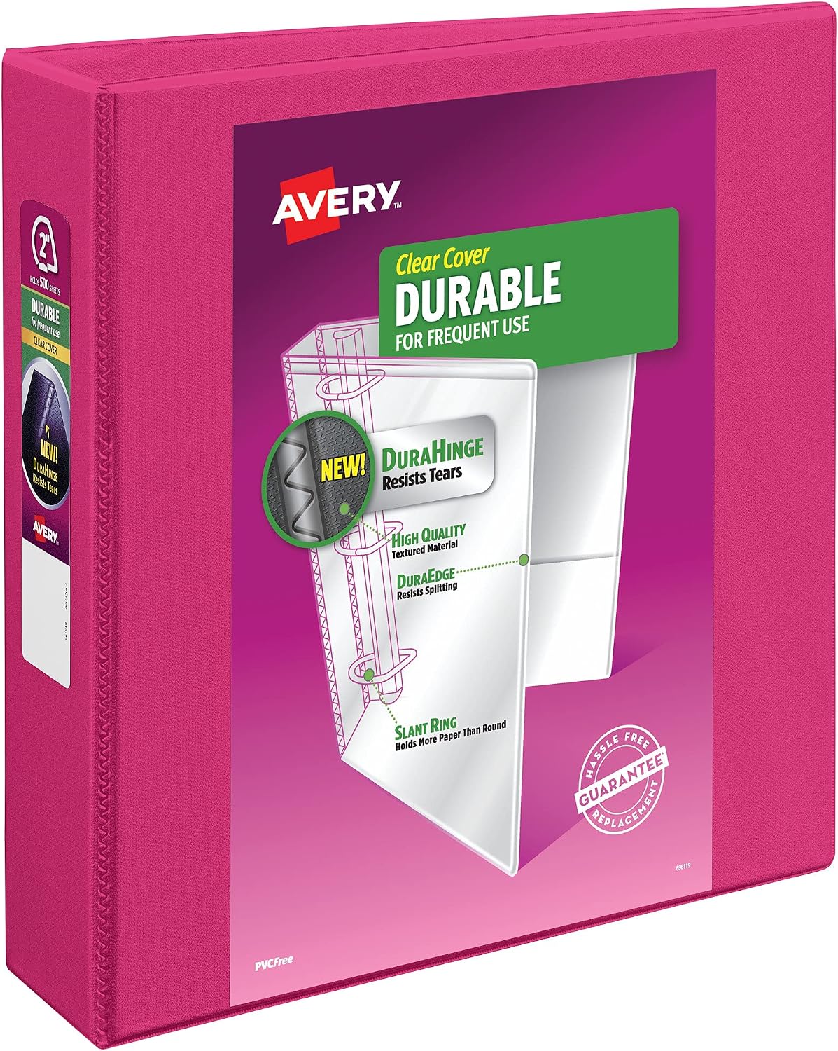 Avery Durable View 3 Ring Binder, 2" Slant Rings, 1 Pink Binder | For Daily School, Home and Office Use, DuraHinge Tear-Resistant Spine, DuraEdge Split-Resistant Edges, Clear View Overlays