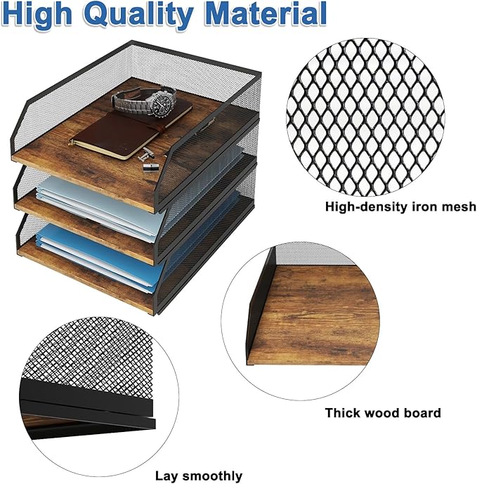 Natwind 3-Tier Stackable Paper Tray, Metal Mesh Desktop Organizer, Wood Board - Image 3