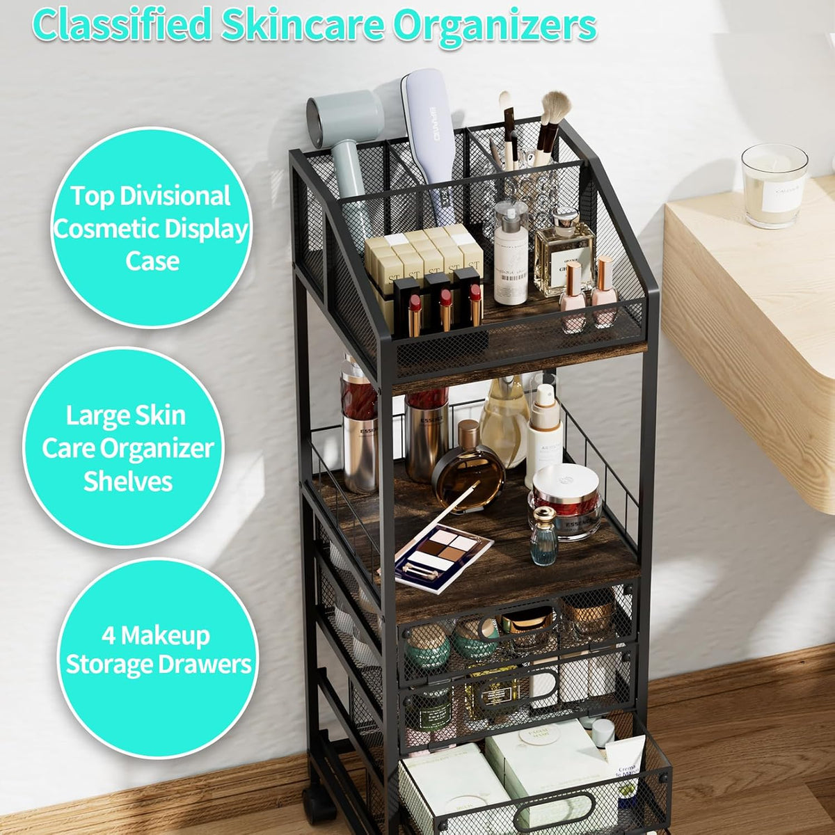 HapiRm Makeup Organizer Storage Cart - Floor Skincare Make Up Storage with 4 ...