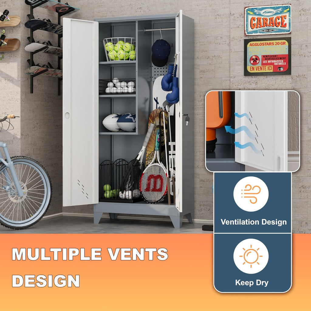 61" metal garage storage cabinet with lock, broom, close-up detail
