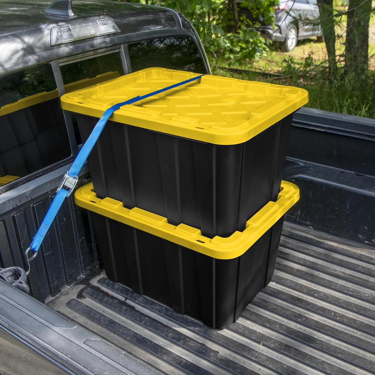 27 gallon heavy duty storage bins with snap on a desk or shelf
