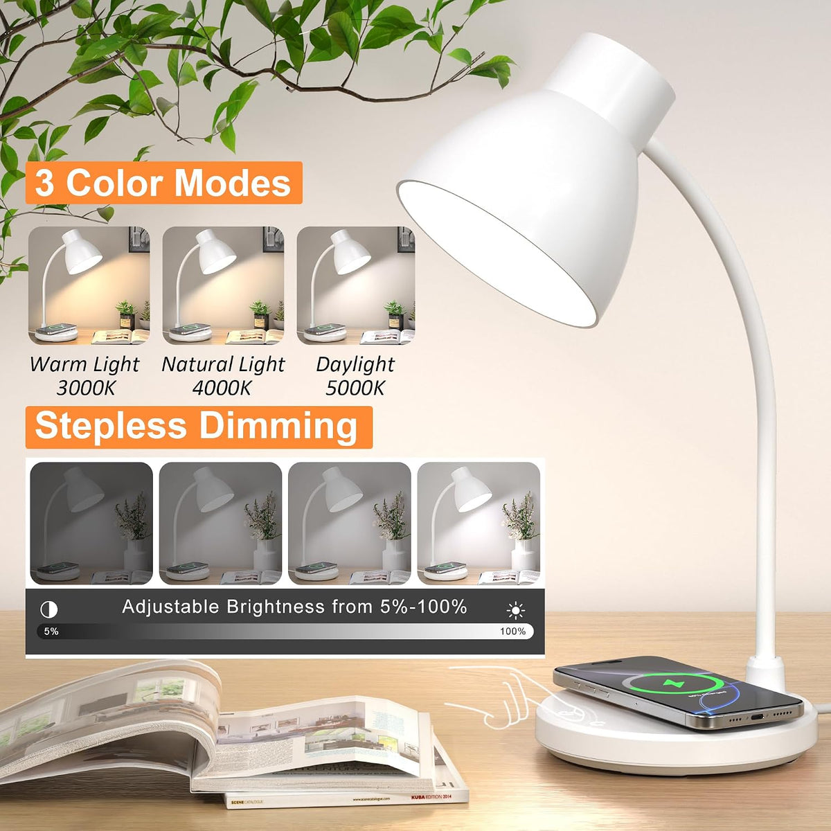 LED Desk Lamp for Home Office with Wireless Charger, White