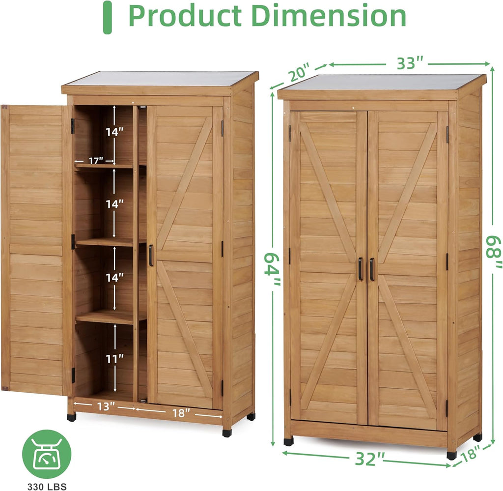 68'' outdoor storage cabinet, wooden garden tool cabinet, close-up detail