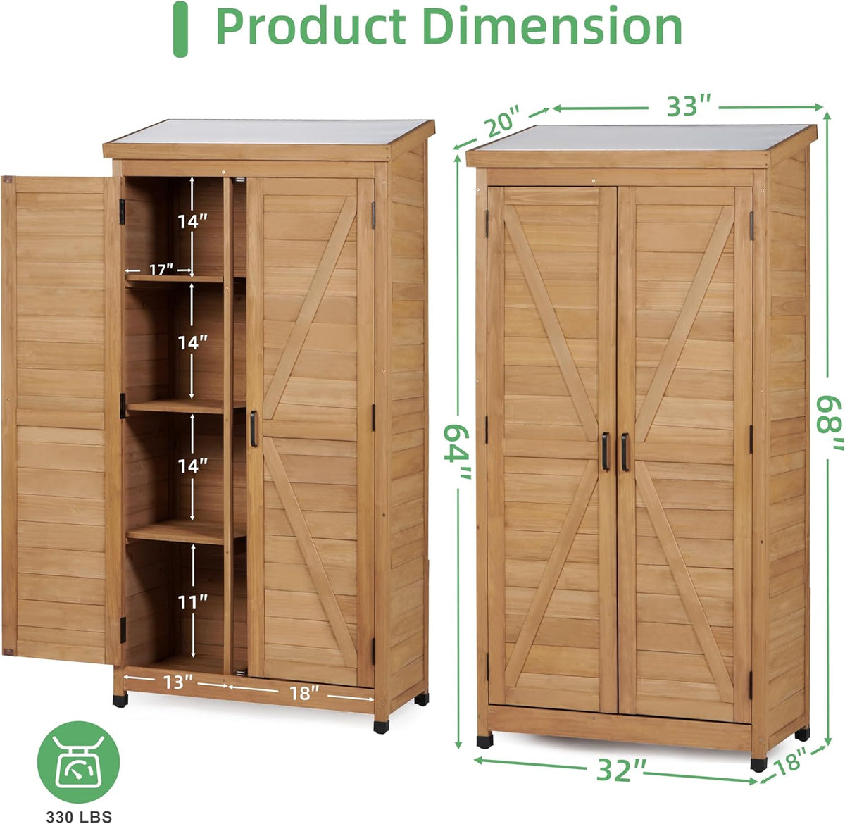68'' outdoor storage cabinet, wooden garden tool cabinet, close-up detail
