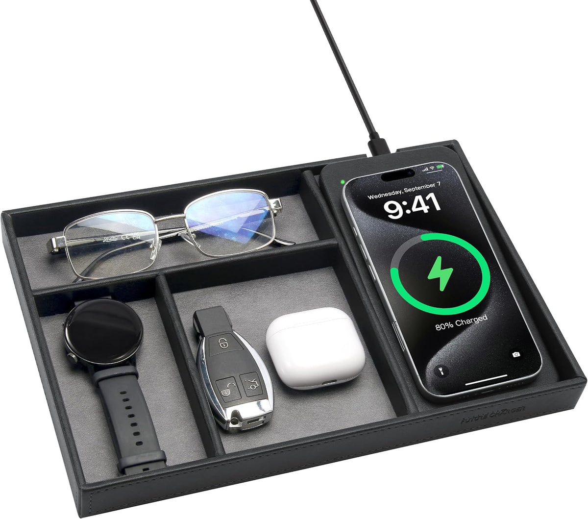 Valet Tray, Built in Wireless Charging Pad, Nightstand Organizer, Two-Toned