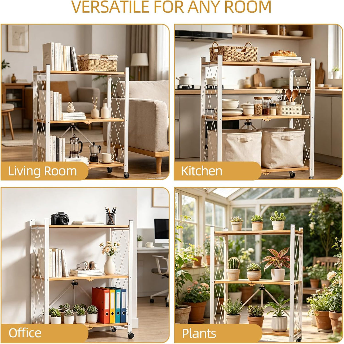 3-Tier Folding Storage Shelves with Wheels – No Assembly, Heavy Duty Collapsi...