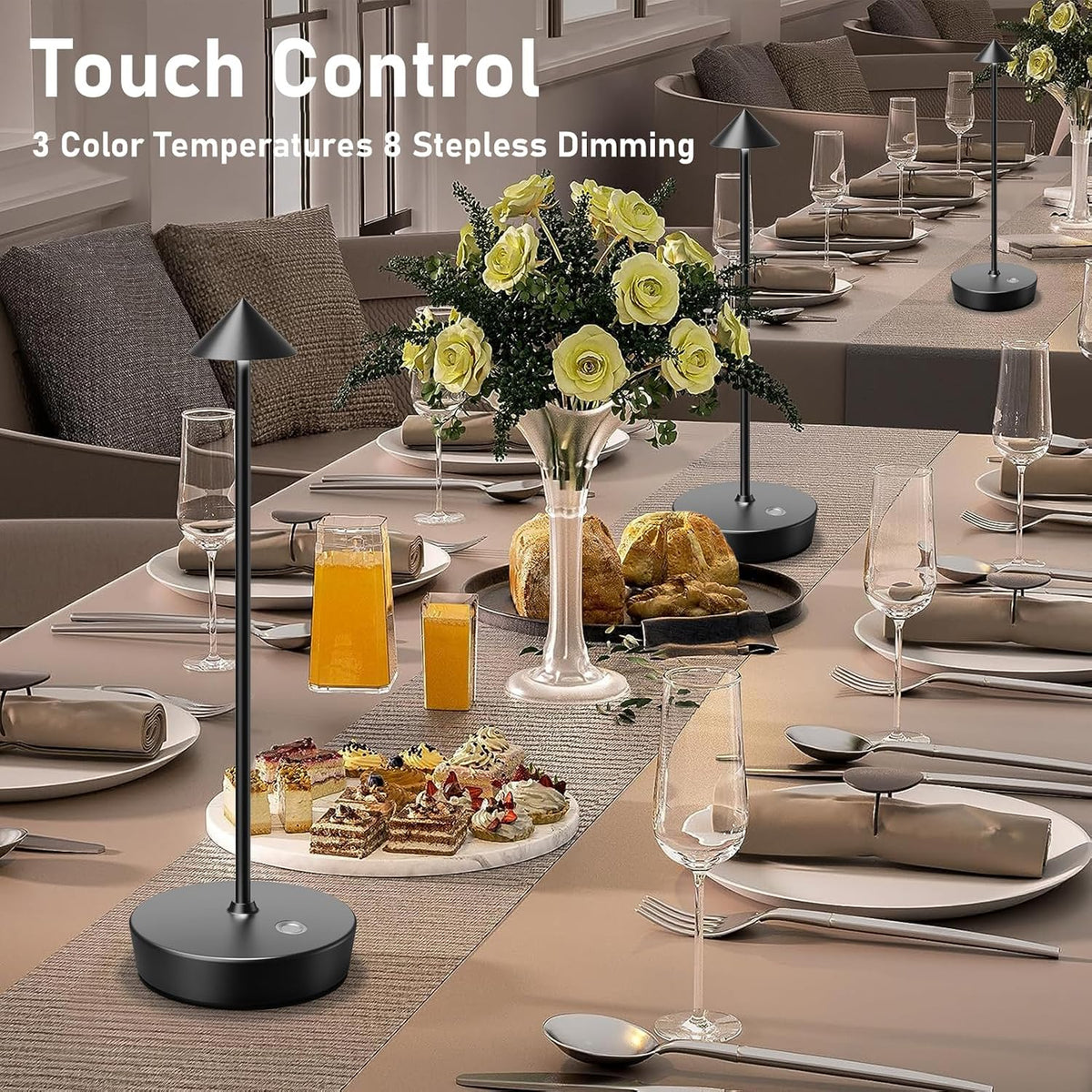 Set of 2 Cordless Rechargeable Led Table Lamp Battery Operated Light Black