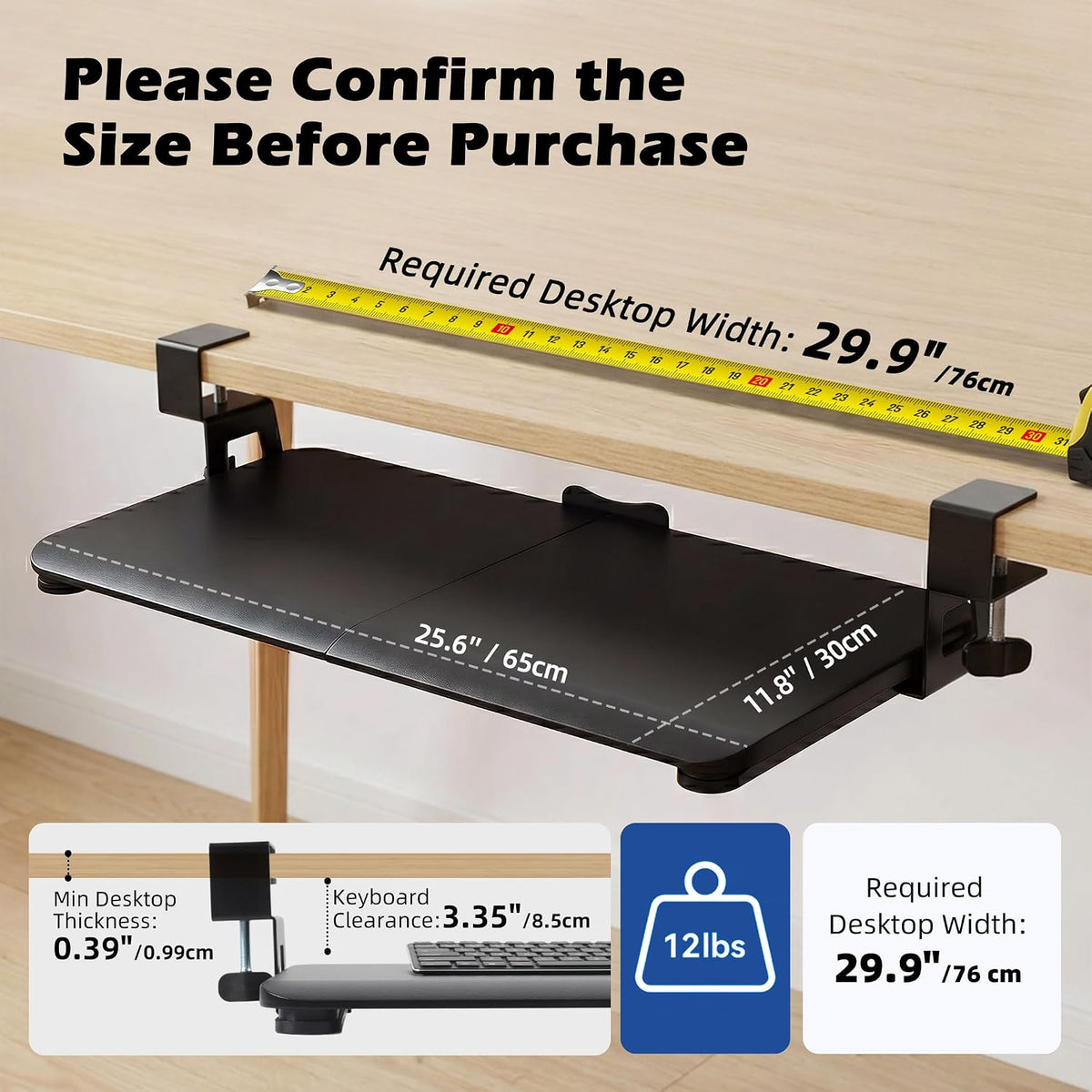 Under‑Desk Clamp Keyboard Tray, 26.77" Slide‑Out Tray, Black