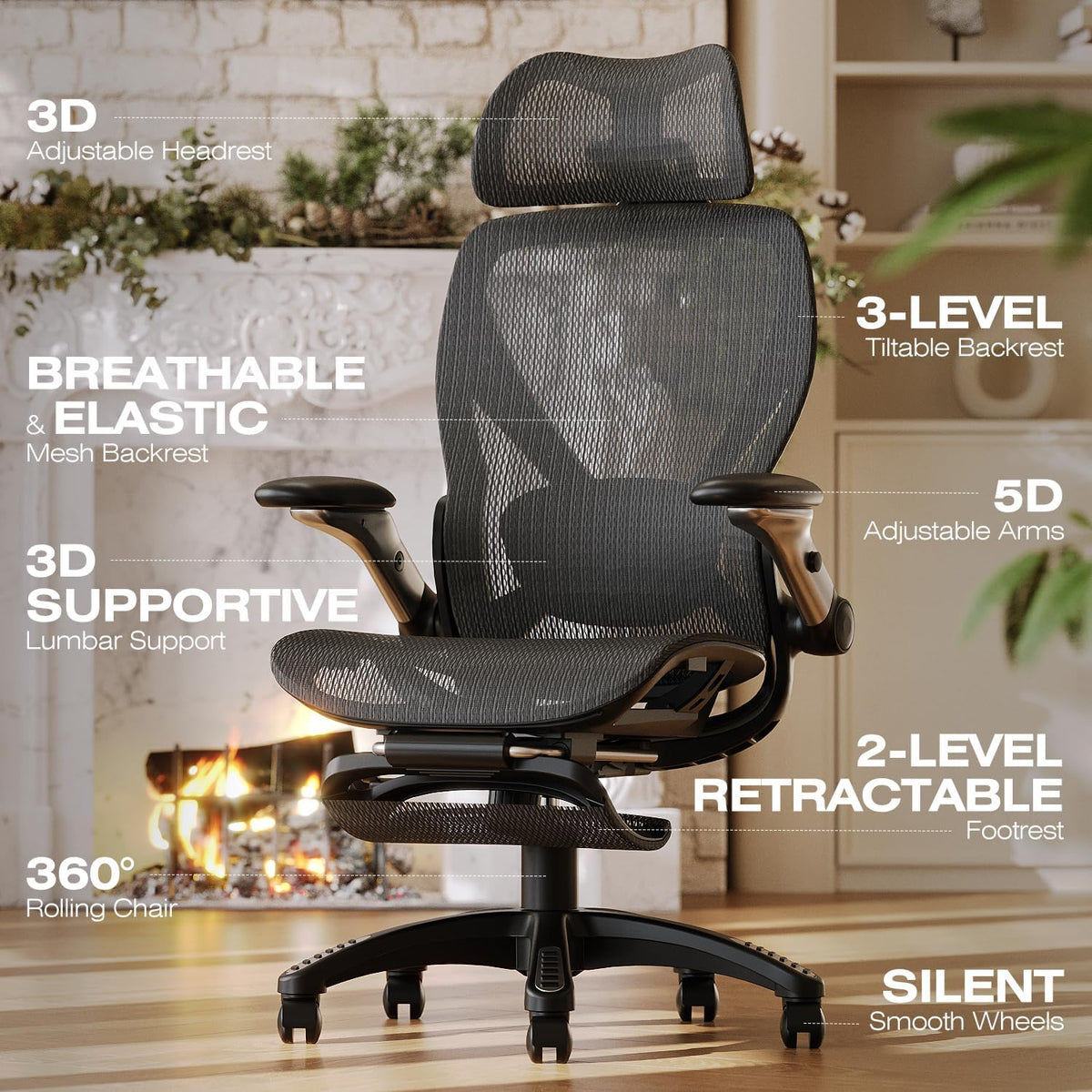 elabest x100 ergonomic mesh office chair with footrest, close-up detail
