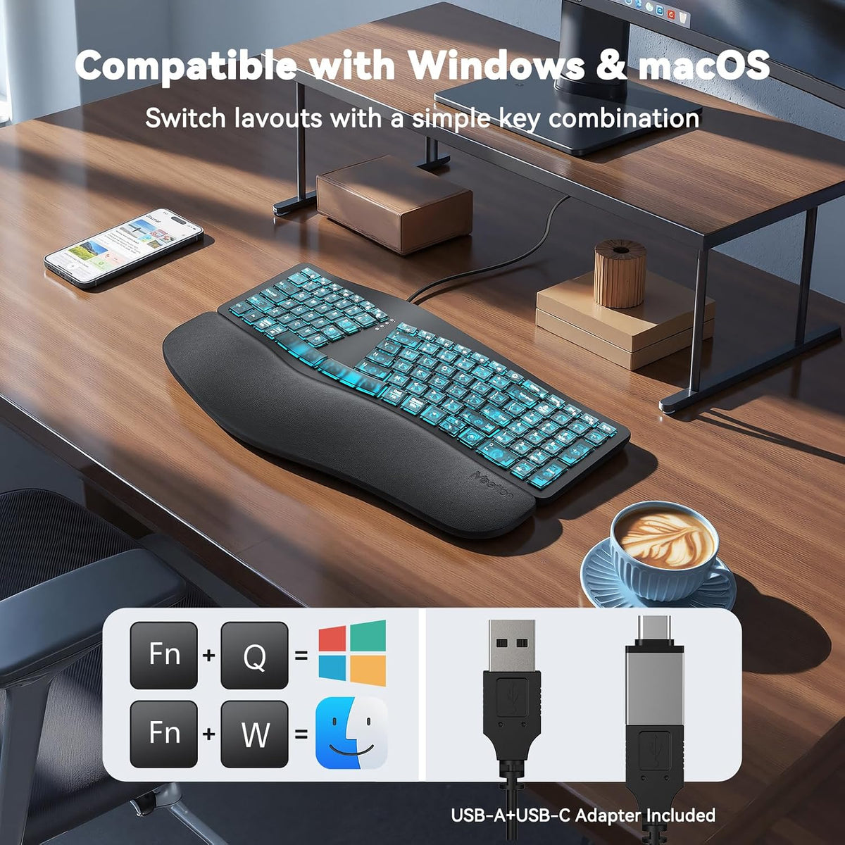 MEETION Wired Ergonomic Keyboard with Backlit Keys and Wrist Rest, Black