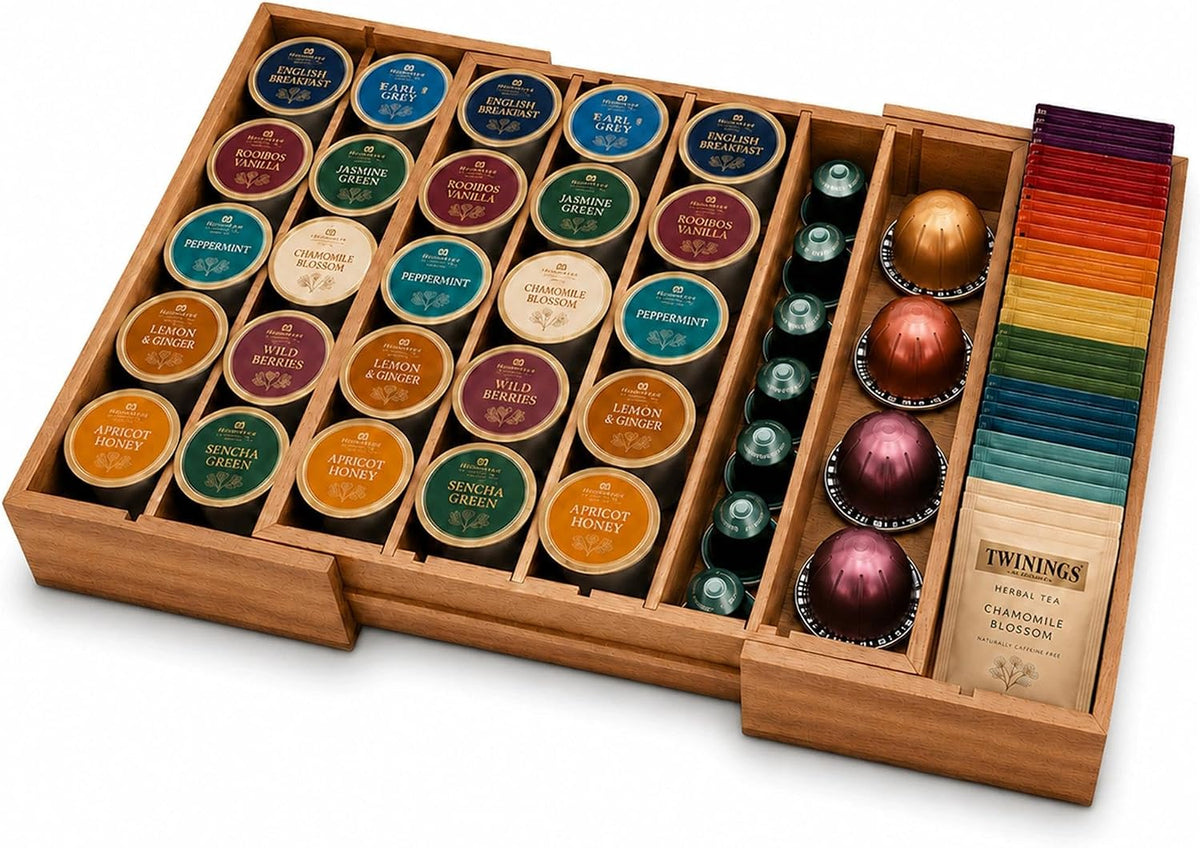 MinBoo Expandable Acacia Wood Coffee Pod Drawer Organizer