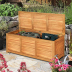 happygrill 46 gallon acacia wood deck box, outdoor shown in use