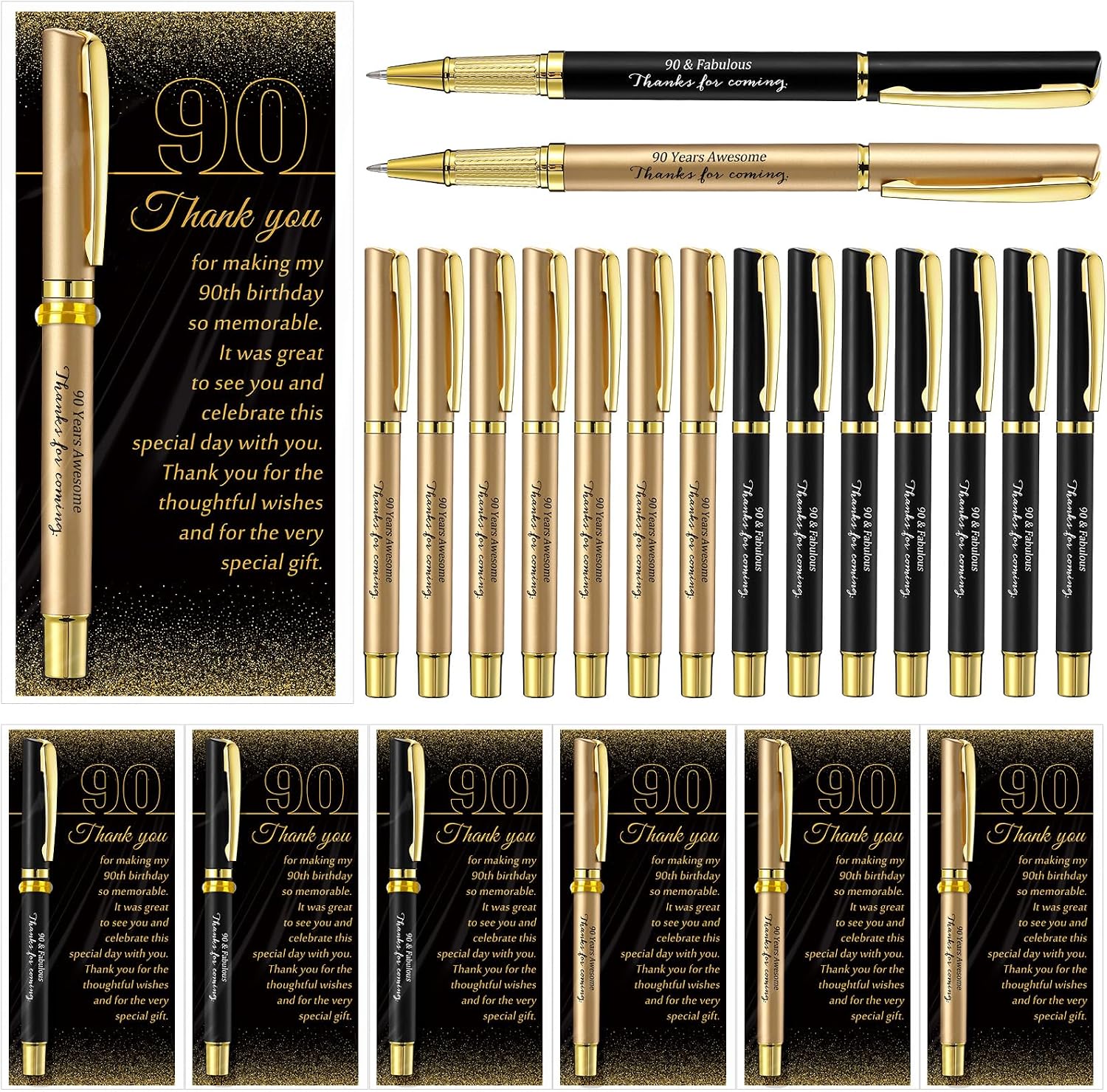 Feifeiya 50 Set 90th Birthday Favors with Black Gold Pens Cards | Birthday Souvenirs for Guests, Black and Gold Pens with Paper Thank You Cards for Men, Women and Wedding Anniversary Party