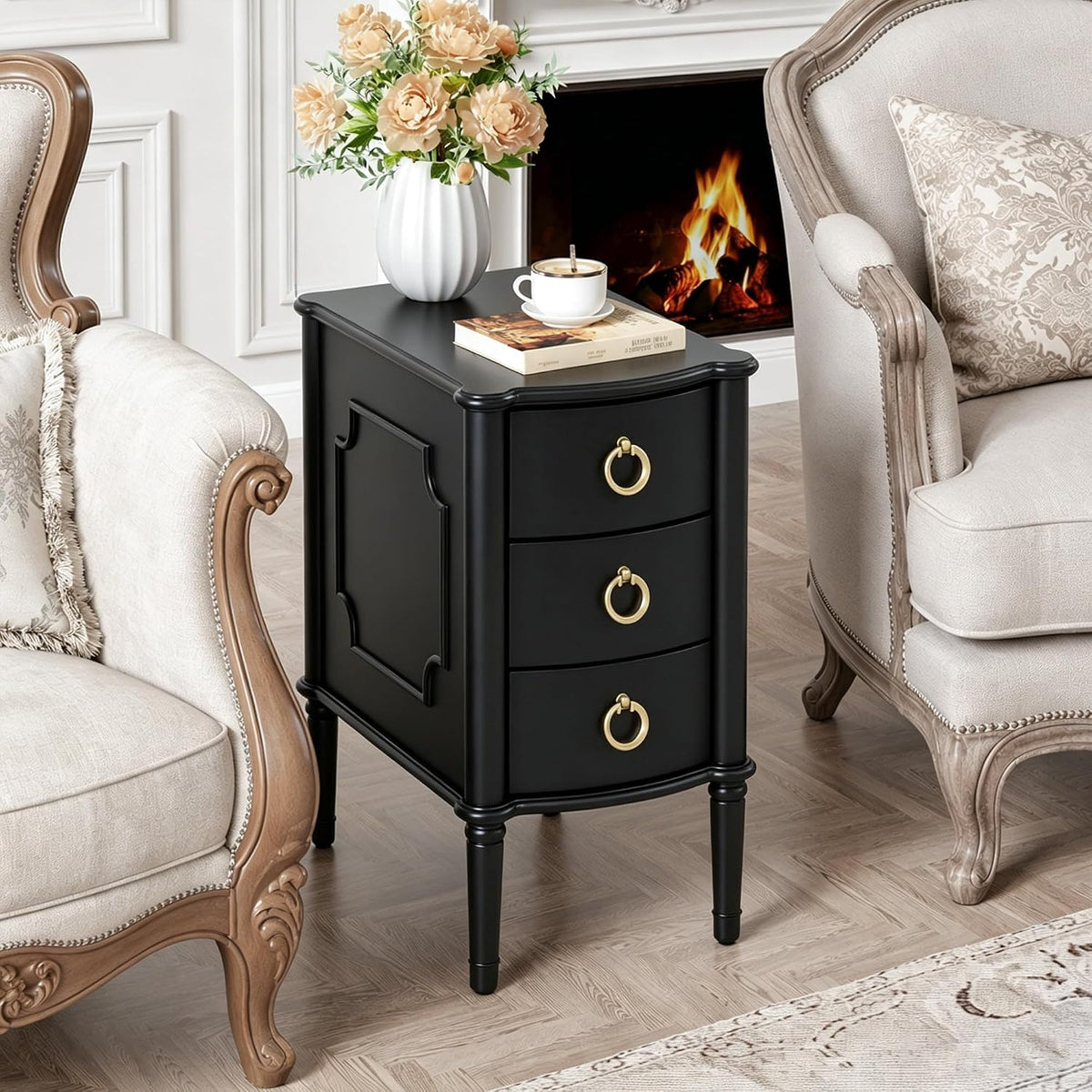 Mid-Century Narrow Nightstand, Wood Bedside Table, Black