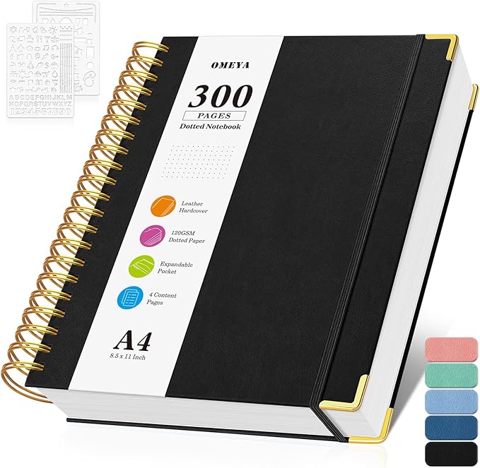 Bullet Dotted Journal Spiral Notebook, 300 Pages Leather Notebooks by OMEYA