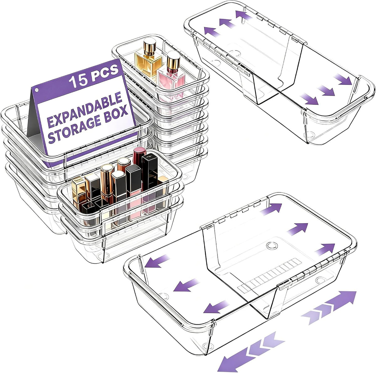 15Pcs Clear Expandable Drawer Organizer Bins for Vanity Desk Bathroom