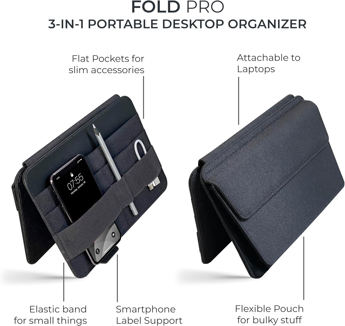 Beblau FOLD PRO Portable Tech Organizer – Attachable Device Pouch & Desk ...