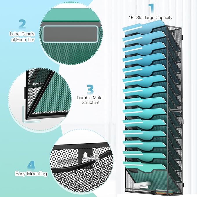 Gawerk 15-Tier Wall File Organizer Hanging Wall File Holder Wall Mount Paper - Image 3