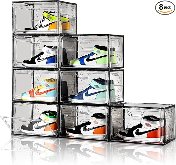 Amllas New Gray 8 Pack Shoe Boxes Stackable, Large Shoe Storage Organizer by Amllas