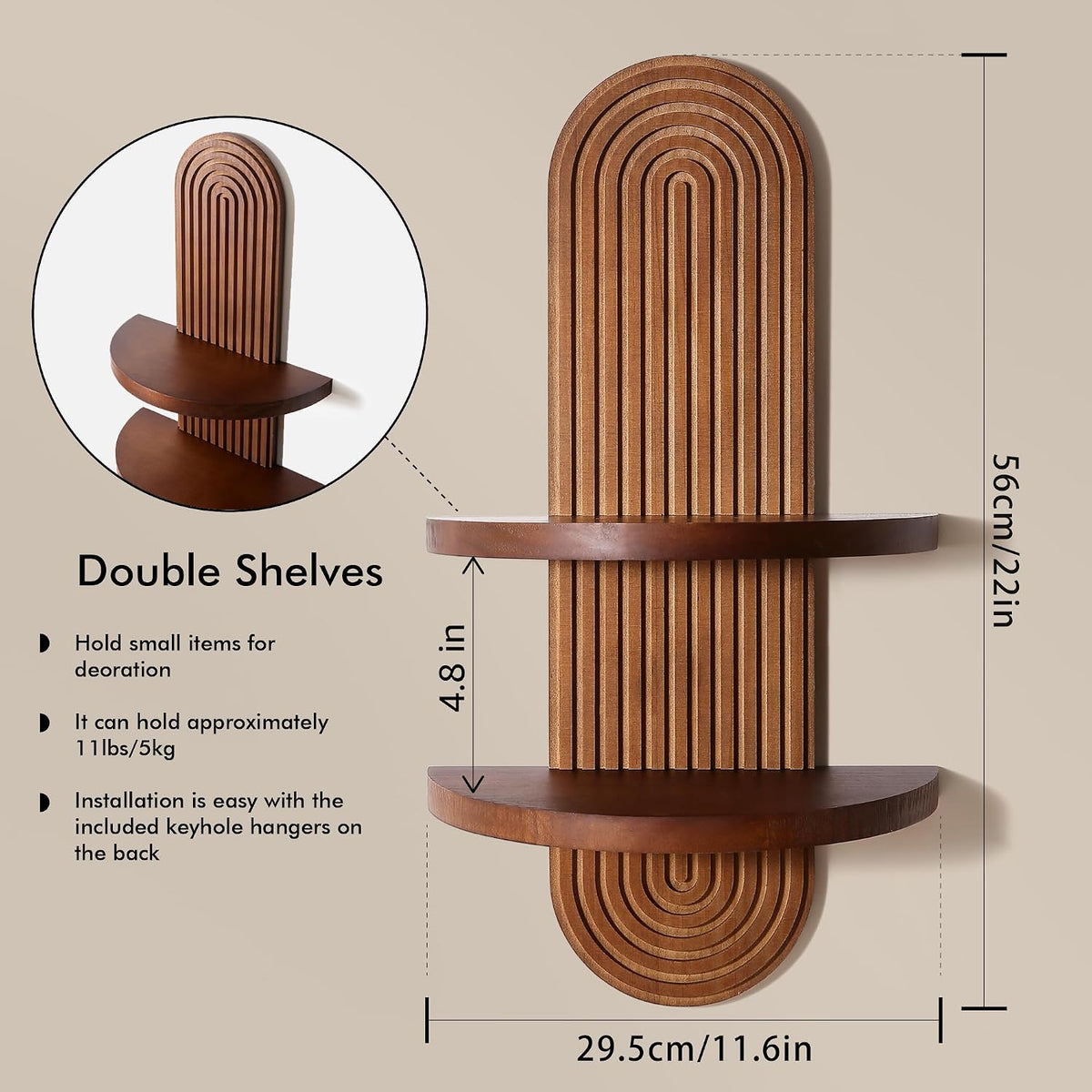 GRID FORTE Mid-Century Wall Double Shelves with Arched Wood Design