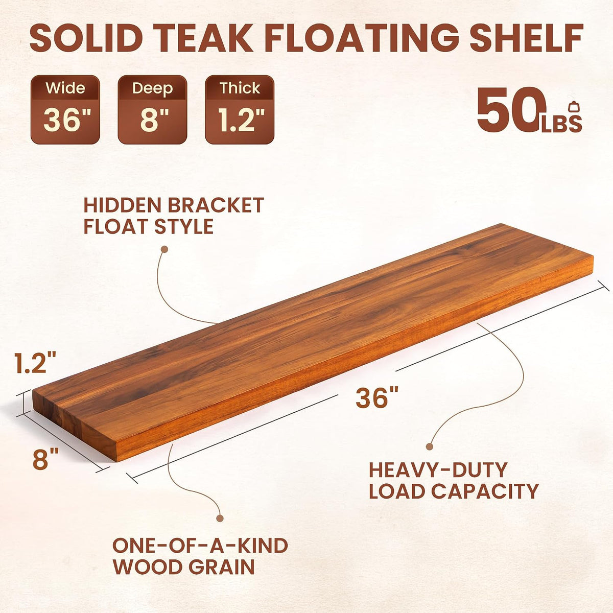 36 Inch Teak Floating Shelves, Set of 2