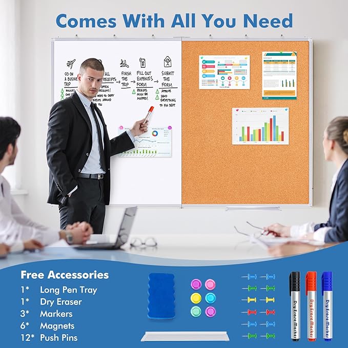 Magnetic White Board and Cork Board Combo, 48 X 36 inches Whiteboard Bulletin - Image 7