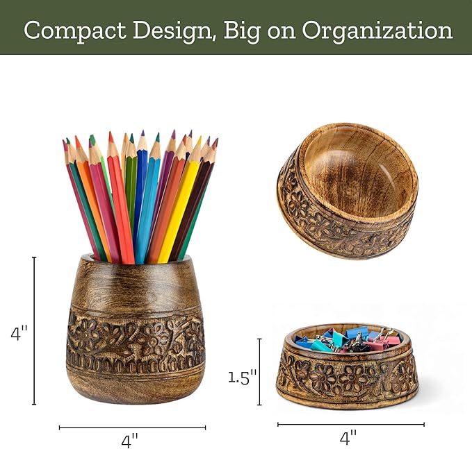 Mie Creations Wooden Desk Organizer Set of 2 Pen Holder, Paper Clip Storage - Image 4