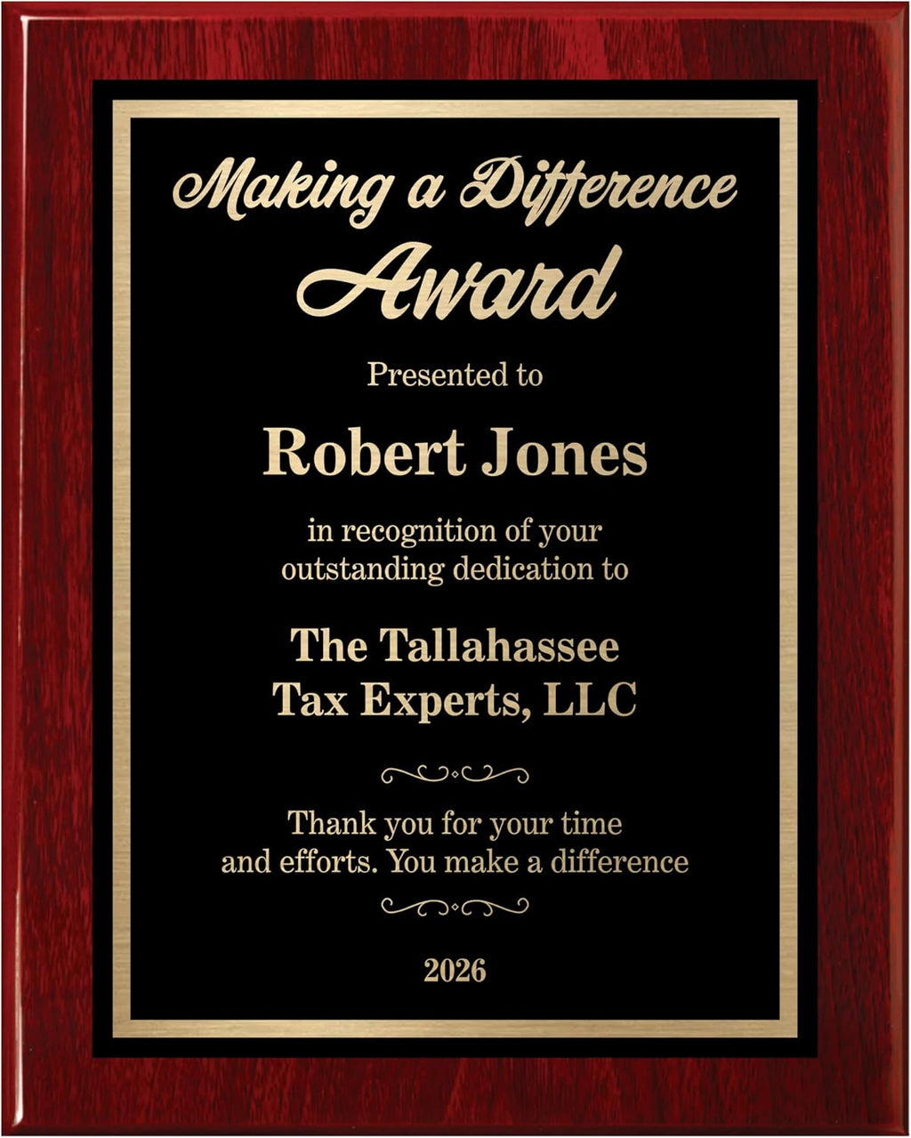 Personalized Award Plaque for Employee Apprecication and Recognition - Making a Difference Award - Choose Your Style and Size (10.5x13 Rose Piano Wood)