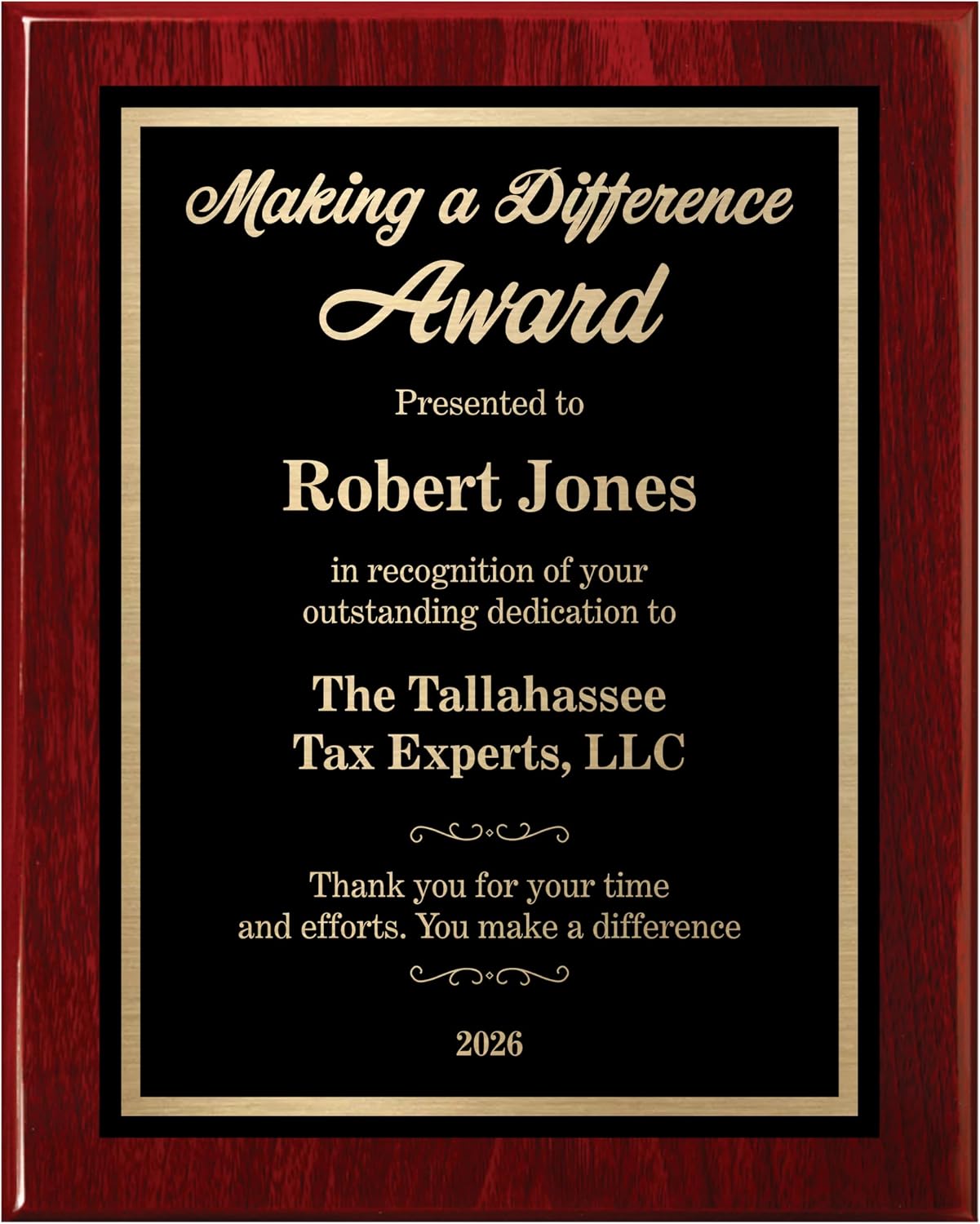 Personalized Award Plaque for Employee Apprecication and Recognition - Making a Difference Award - Choose Your Style and Size (10.5x13 Rose Piano Wood)
