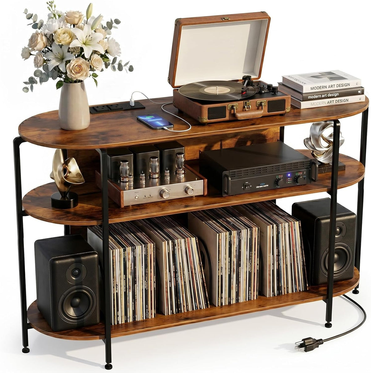 Faesun Vinyl Record Player Stand with Power Outlets, 43.3" Mid Century T...