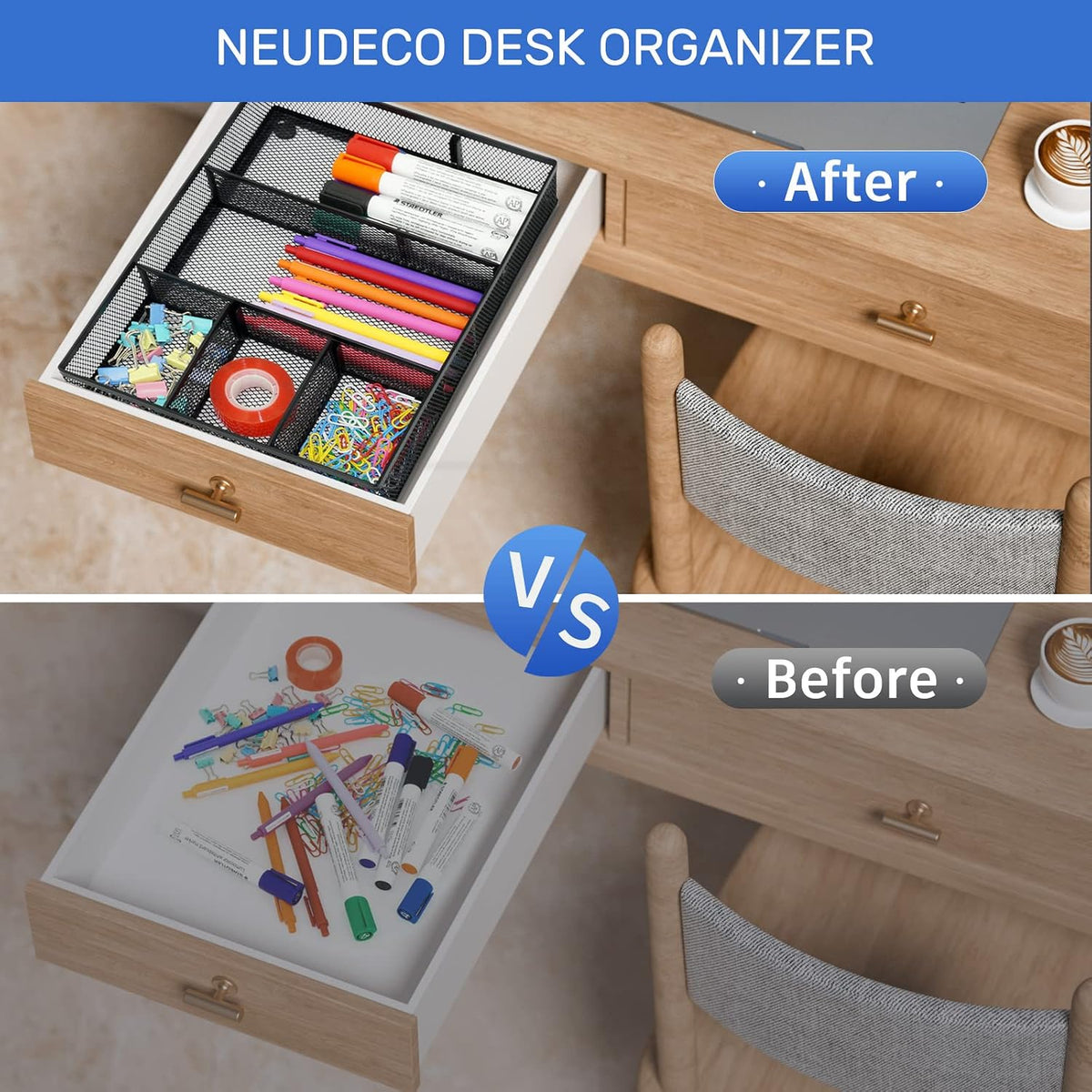 neudeco desk drawer organizer, 4 pack metal mesh, front angle view