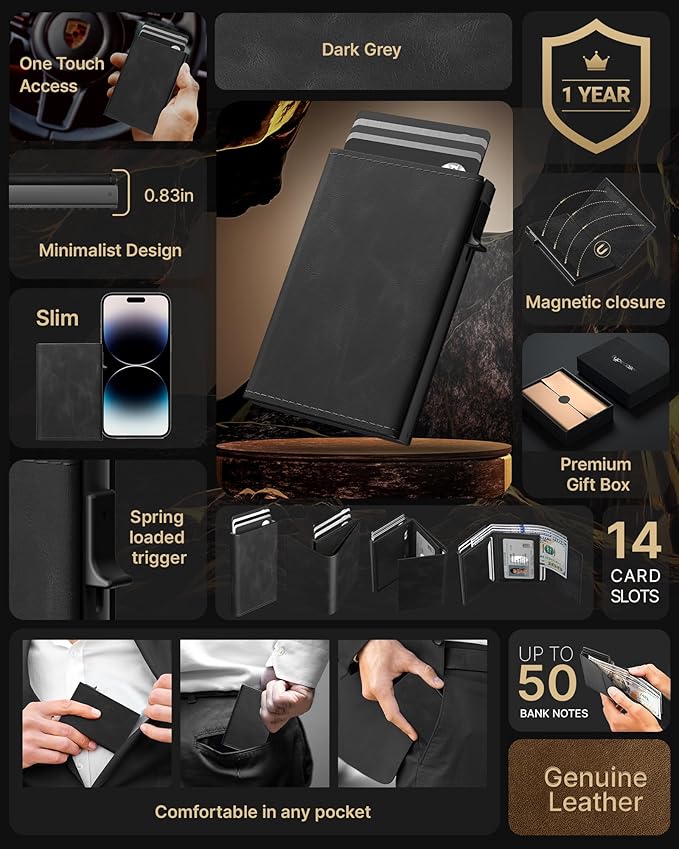 typecase Mens Wallet Card Holder: Pop Up Aluminum Case, Genuine Leather - Image 2
