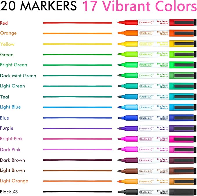 Shuttle Art Dry Erase Markers, 20 Pack 17 Colors Whiteboard Markers, Bundled - Image 3